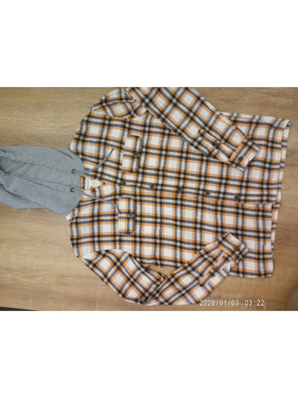 Aeropostale Mens Small Plaid Button-Up Flannel Shirt With Gray Hood Orange/Navy/